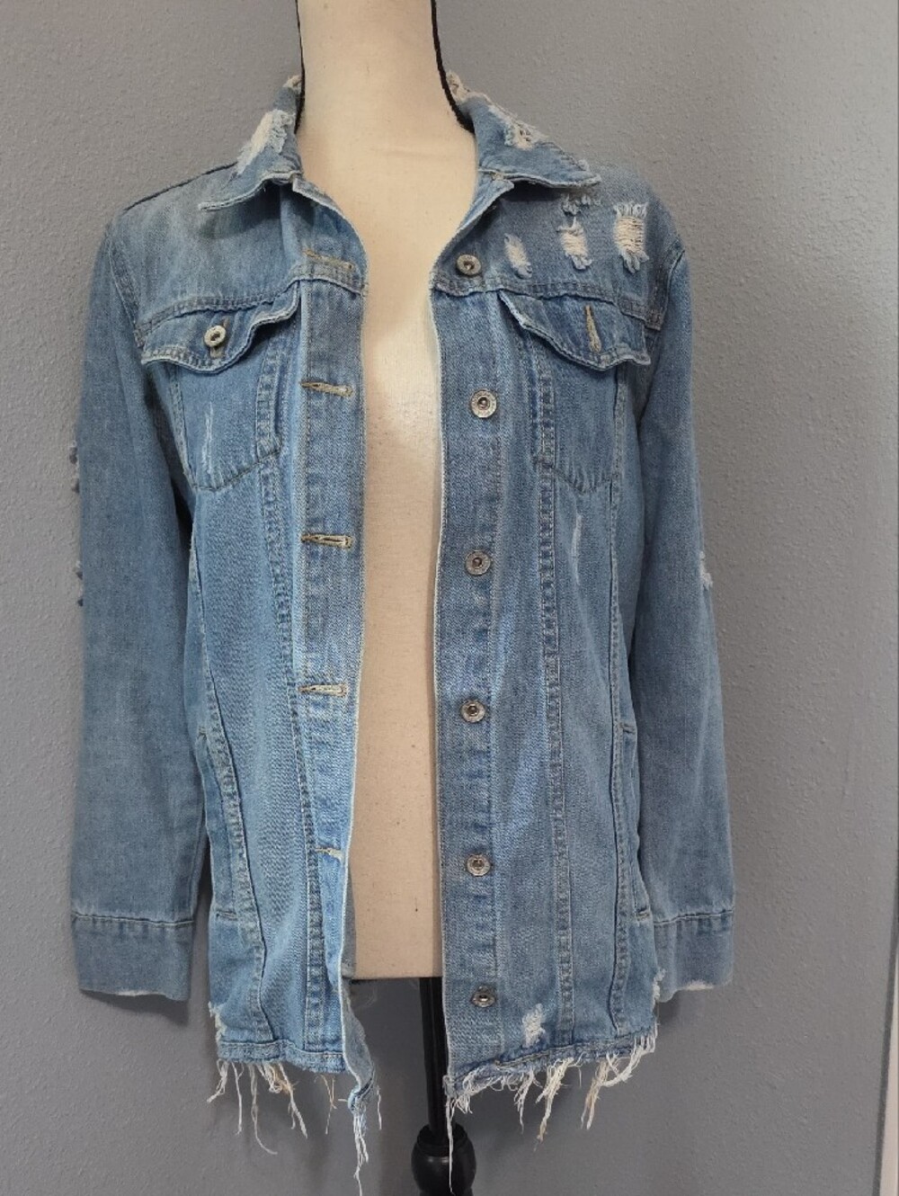 Distressed Light Blue Denim Jacket - Women - Picture 3 of 8
